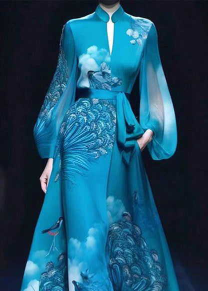 Exquisite Blue Stand Collar Printed Tie Waist Silk Dress Autumn