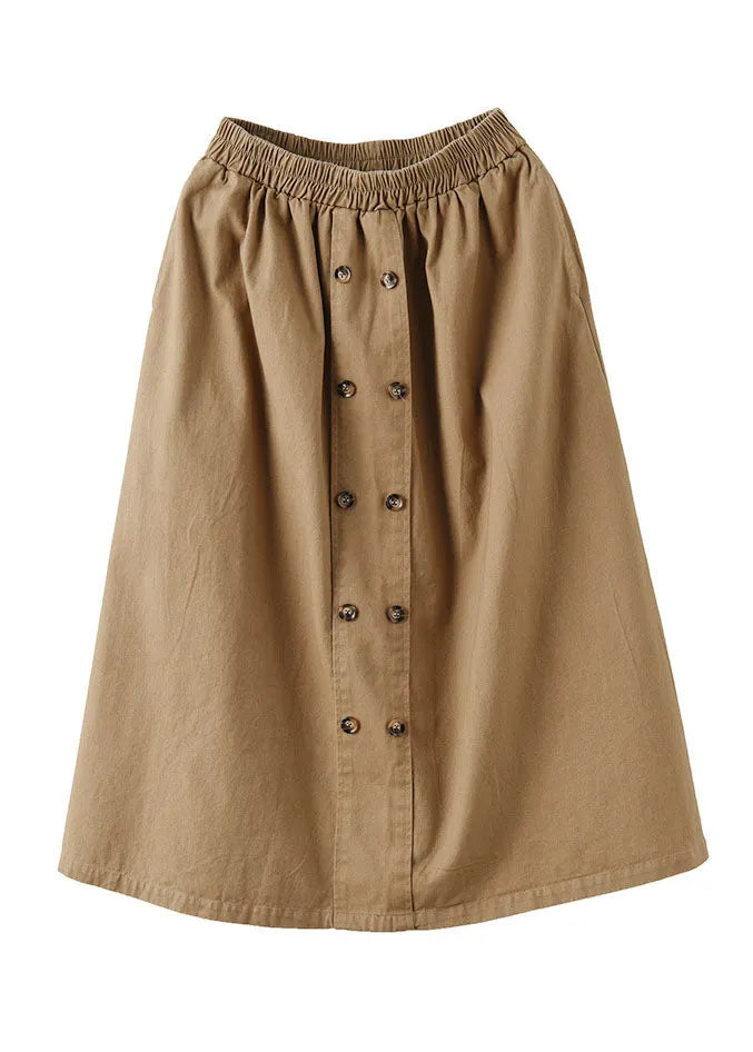 Natural Khaki Double Breast Cotton a Line Skirts Spring