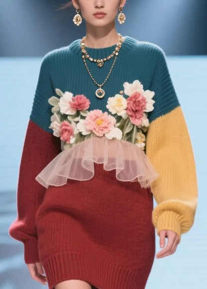 Handmade Colorblock O Neck Ruffled Knit Dress Winter