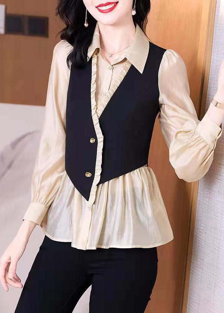 Handmade Stand Collar Ruffled Fake Two Piece Chiffon Shirts Long Sleeve