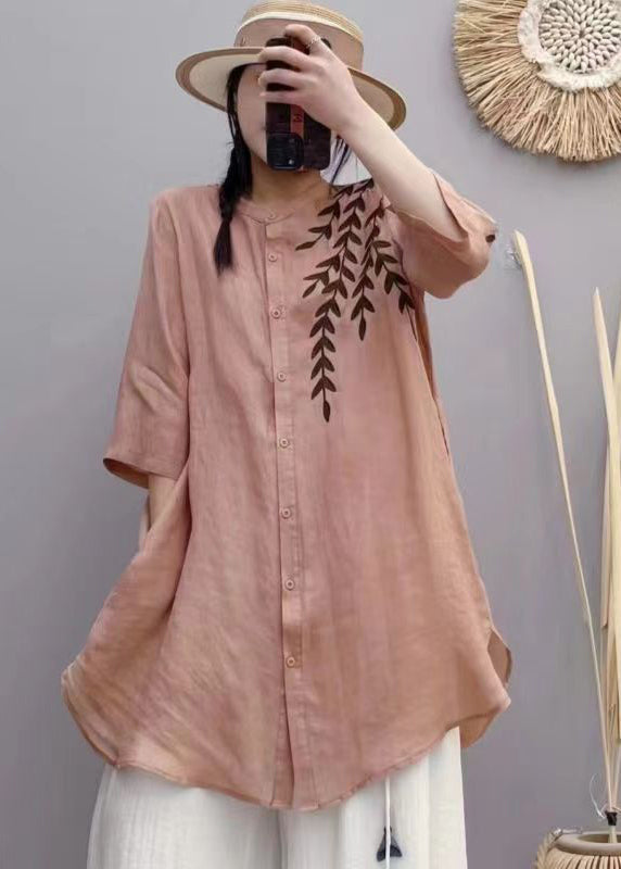 Retro Pink Stand Collar Embroidered Linen Shirts Bracelet Sleeve