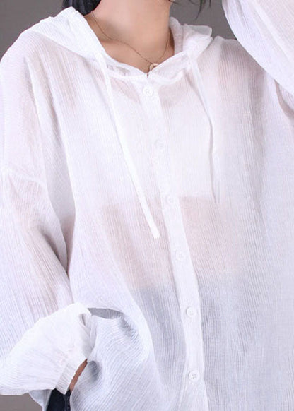White Color Drawstring Hooded Cotton Loose Coat Long Sleeve