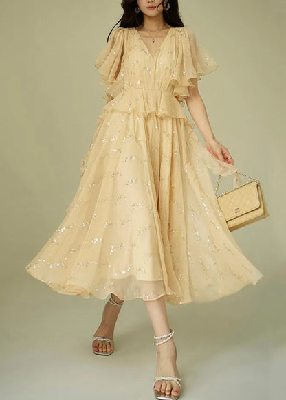 Handmade Beige Sequins Wrinkled Chiffon Long Dresses Summer