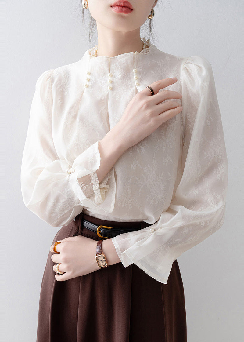 Fitted White Jacquard Nail Bead Chiffon Top Winter