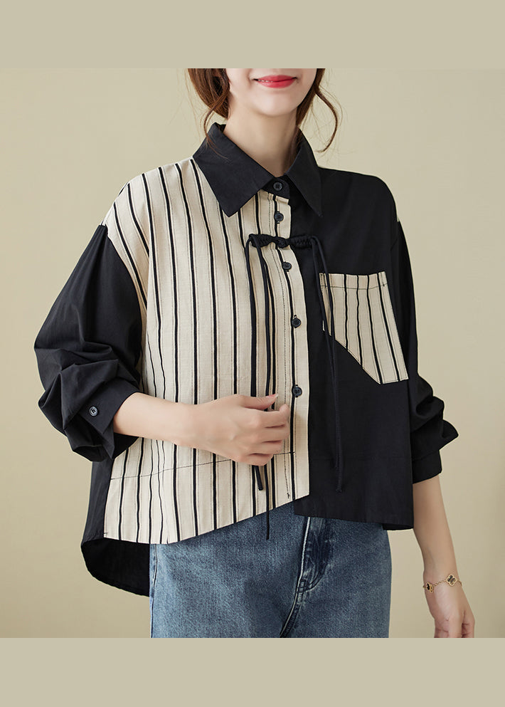 Colorblock Striped Tasseled Patchwork Cotton Shirt Top Fall