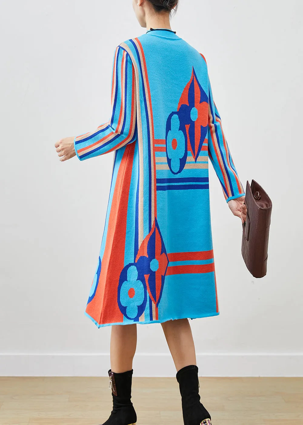 Blue Stand Collar Print Knit a Line Dress Spring