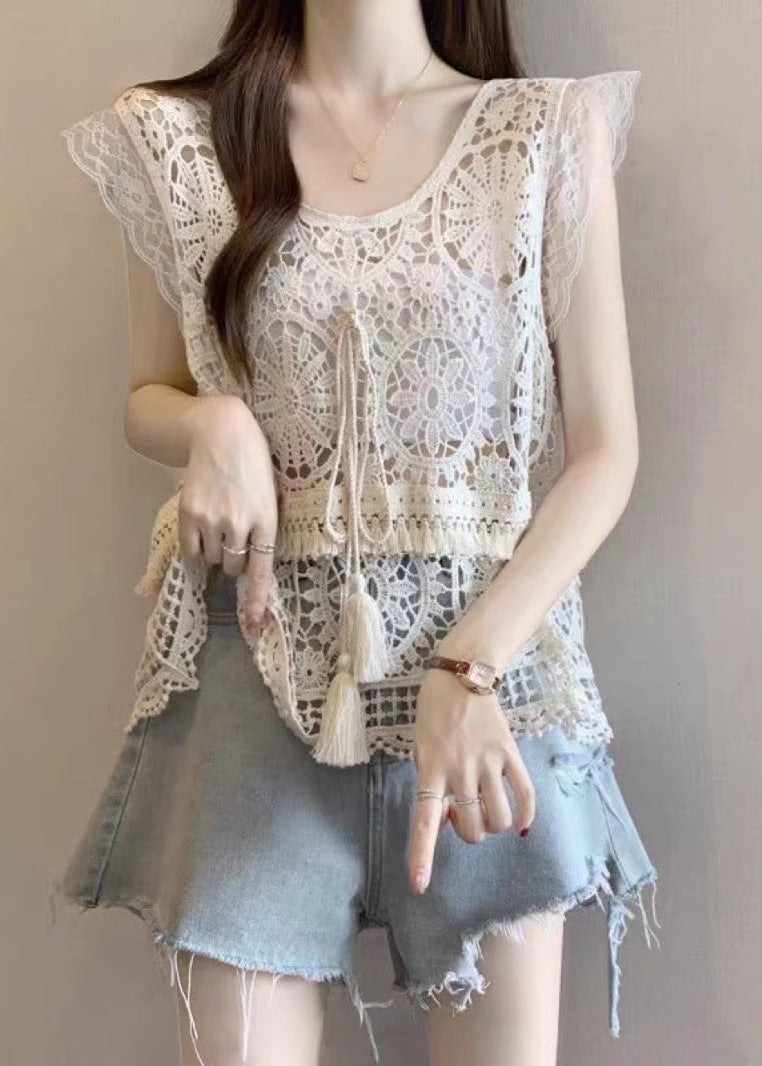 Apricot O-neck Tassel Lace Tank Summer