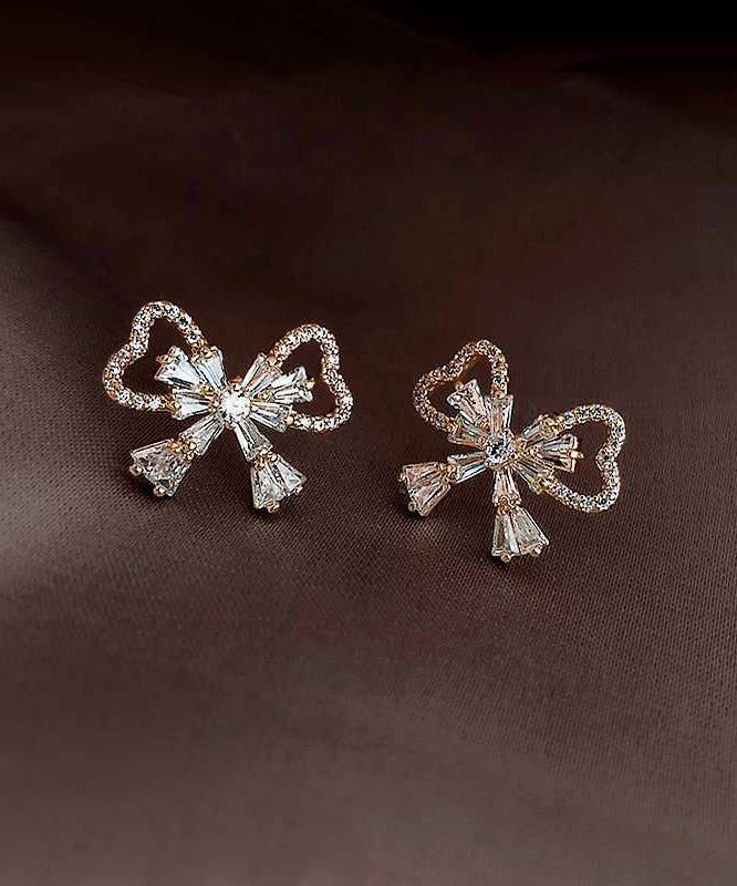 Gold Sterling Silver Alloy Zircon Bow Stud Earrings