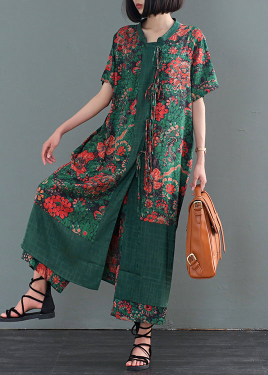 Blue Print Patchwork Lace Up Silk Two Pieces Set Fall