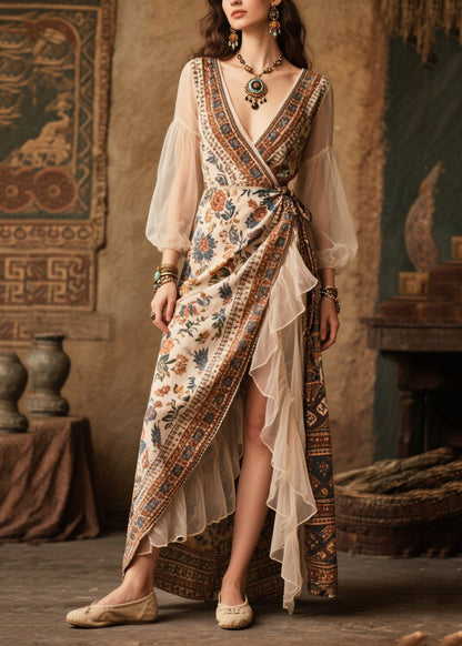 Beige Asymmetrical Patchwork Chiffon Tunic Dresses Summer