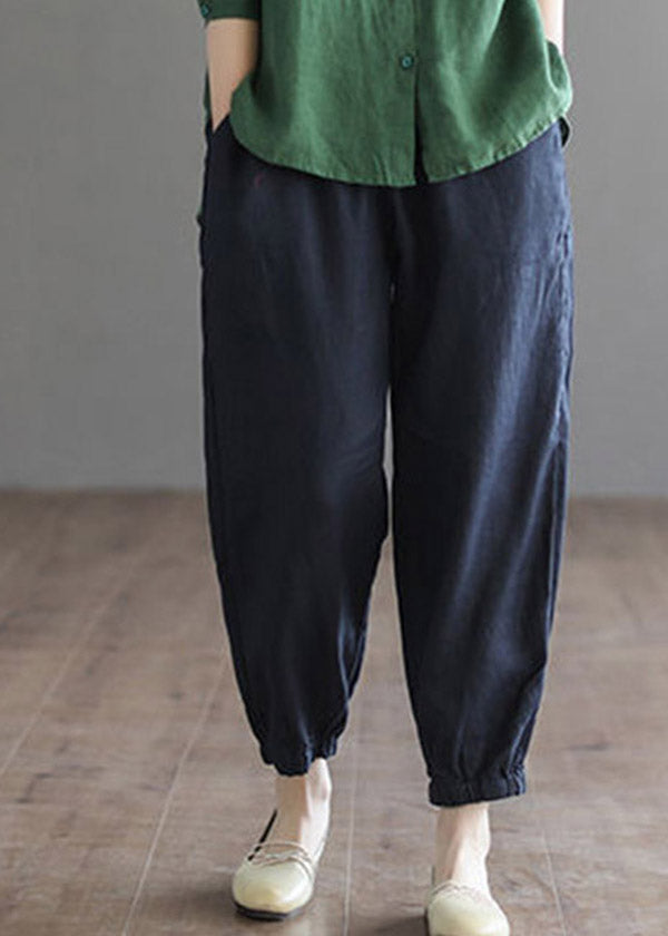 Navy Elastic Waist Harem Cotton Pants Summer