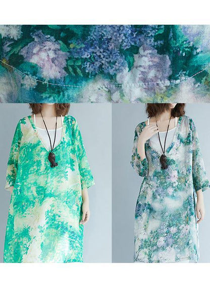 Organic Green Print Shirts V Neck Pockets Blouses