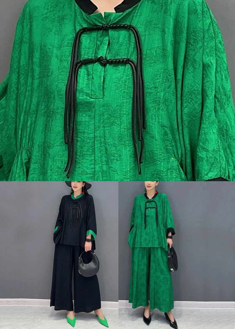 Chinese Style Green Stand Collar Shirts and Wide Leg Pants Two Piece Set Fall