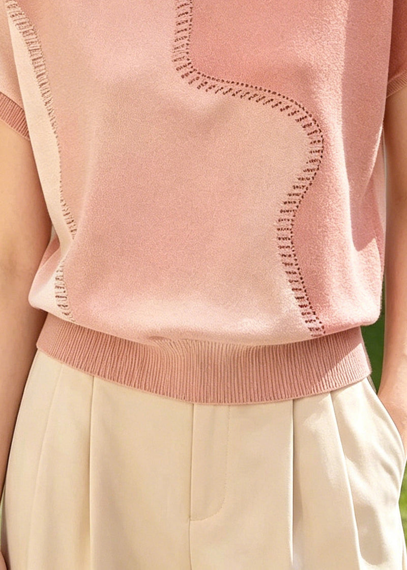 Pink Oversized Patchwork Knit Blouse Top Summer