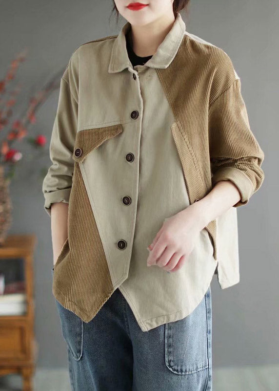 Beige Peter Pan Collar Patchwork Corduroy Coats Long Sleeve