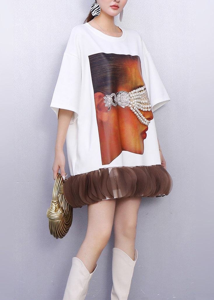 White Nail Bead Patchwork Cotton Mini Dress Summer