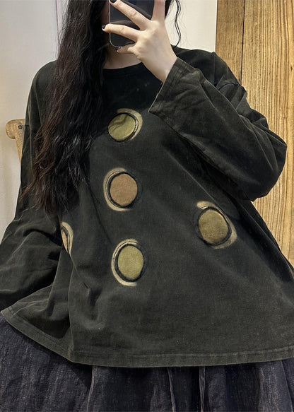 Retro Black O Neck Patch Cotton T Shirts Tops Long Sleeve