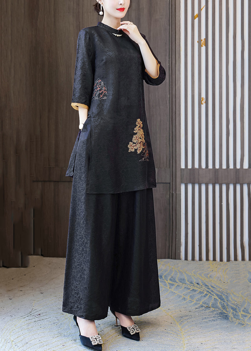 Black Stand Collar Oversized Jacquard Spandex 2 Piece Outfit Summer