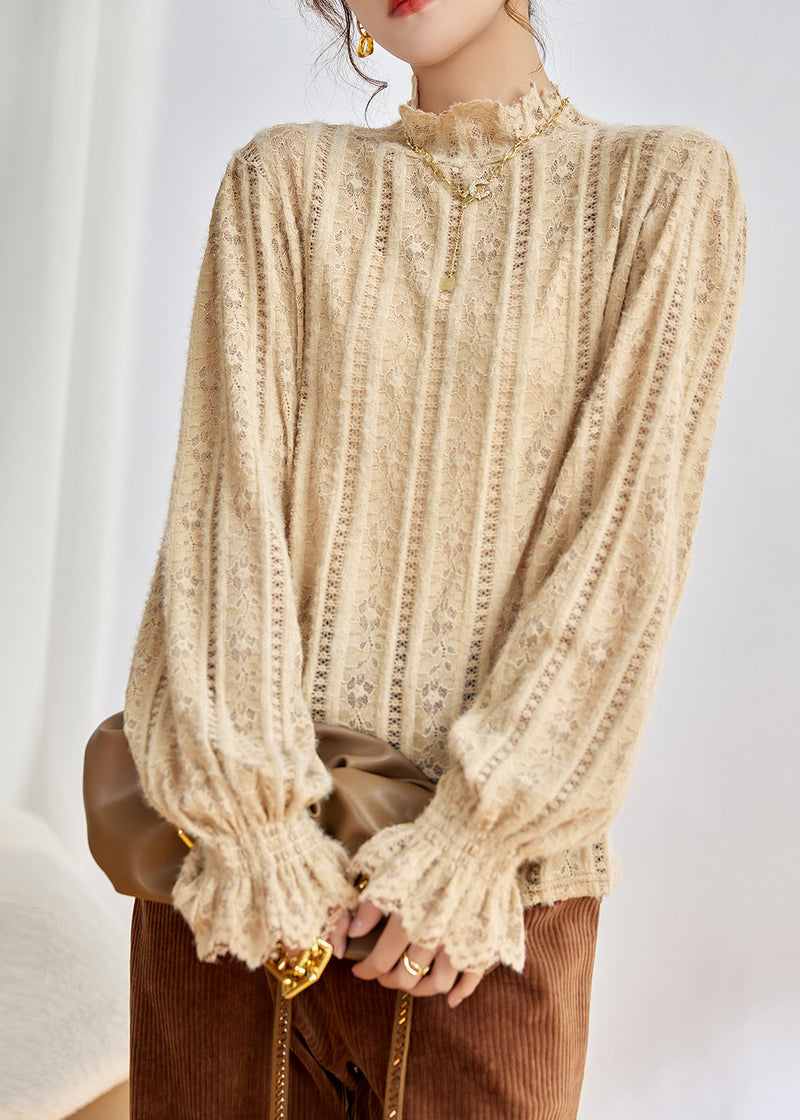 Beige Hollow Out Lace Shirt Tops Fall