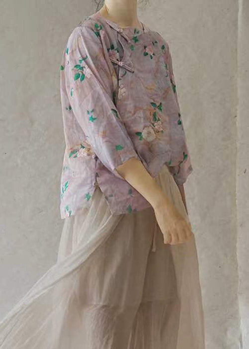 Purple O-neck Button Linen Shirt Half Sleeve
