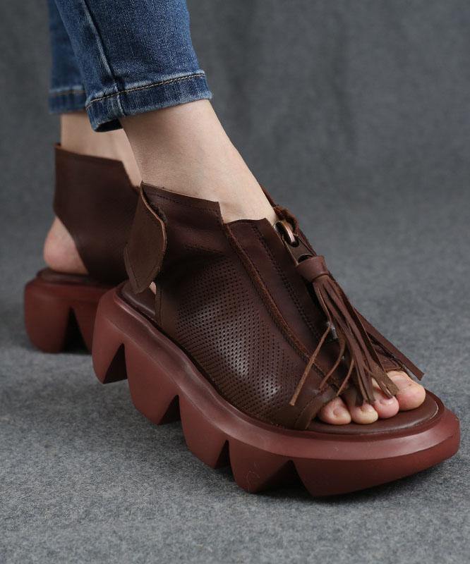Brown Zippered Flat Sandals Platform Walking Sandals