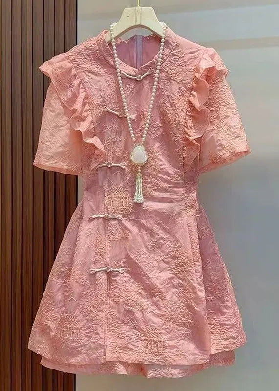 Chinese Style Rose Ruffled Patchwork Cotton Two Pieces Set Summer