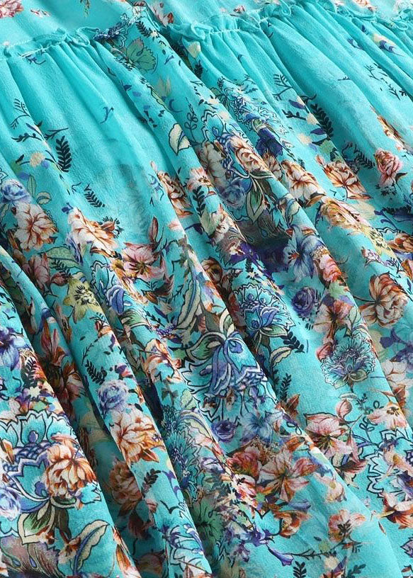 Blue Ruffled Patchwork Print Silk Maxi Dress Flare Sleeve