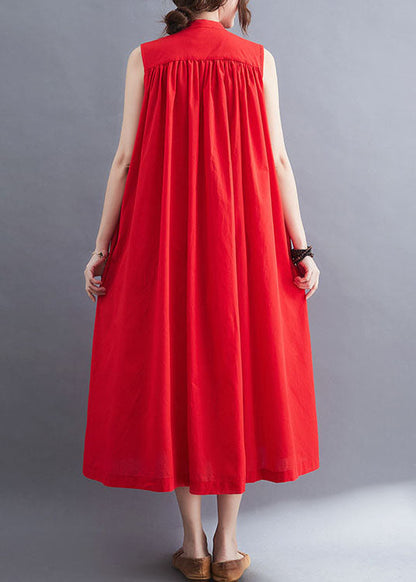 French Red O-neck Wrinkled Cotton a Line Dresses Sleeveless