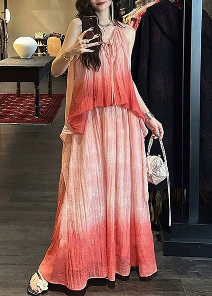 Pink Gradient Color Ruffled Linen Silk Long Dress Sleeveless