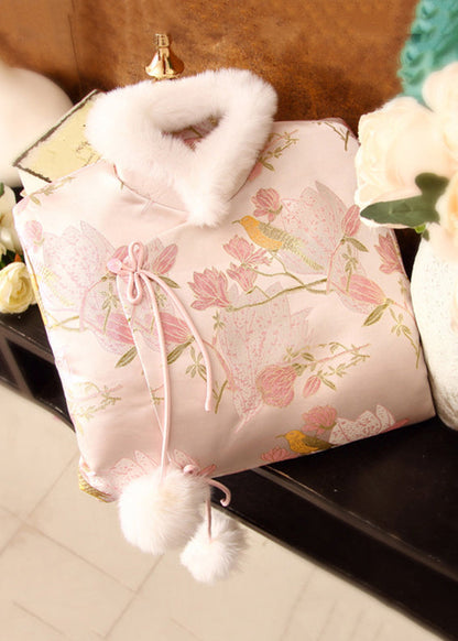 Jacquard Pink Fur Collar Fuzzy Ball Patchwork Down Coats Winter