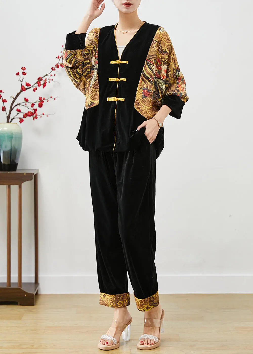 Diy Black Oversized Patchwork Chinese Button Silk Velour Two-piece Set Fall