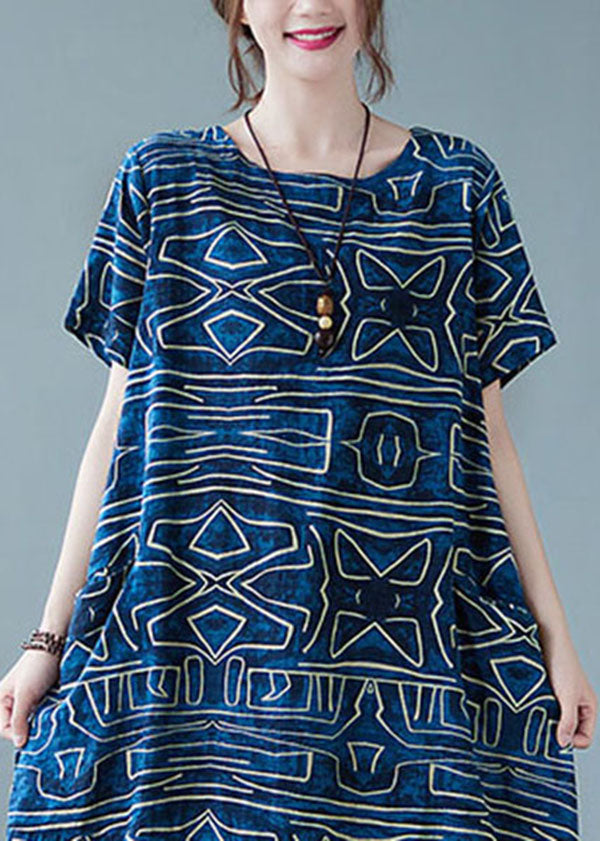 Italian Blue O-neck Geometric Print Pockets Cotton Maxi Dress Short Sleeve