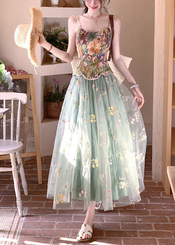 Green Print Tulle Vests and Skirts Two Piece Set Outfits Summer