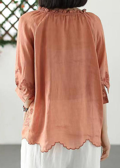 Orange Ruffled Embroideried Linen T Shirt Summer