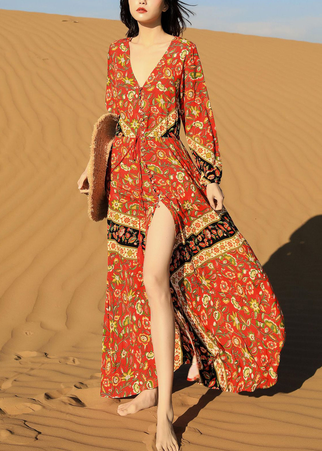 Red Print Lace Up Pockets Long Dress Fall