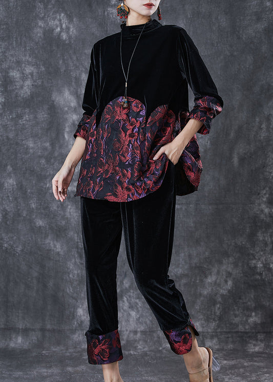 Black Oversized Patchwork Jacquard Silk Velvet Two Pieces Set Spring