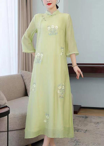 Light Green Stand Collar Embroideried Silk Long Dresses Half Sleeve
