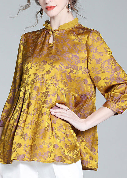 Gold Stand Collar Print Button Silk Tops Long Sleeve