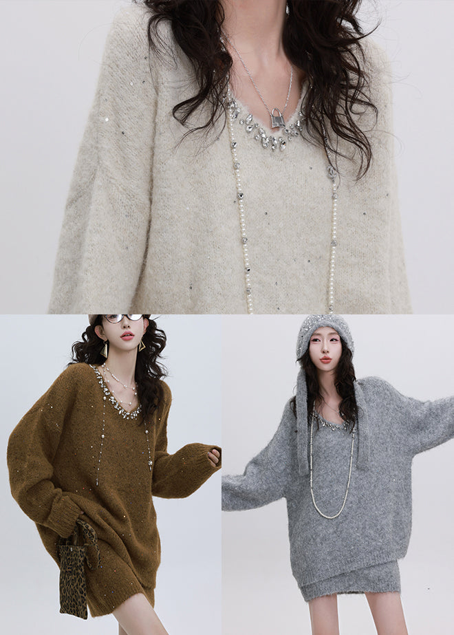 Grey Cozy Knit Two Piece Set Clothing Sequins Winter