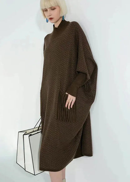 Chocolate Turtle Neck Patchwork Pockets Wool Sweater Dress Long Sleeve