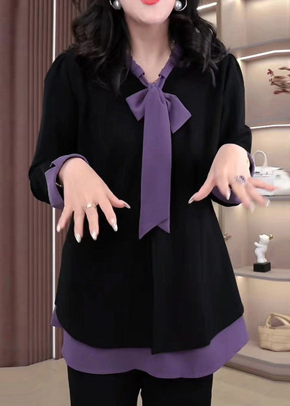 Purple Bow Patchwork Spandex Fake Two Piece Shirt Tops Fall