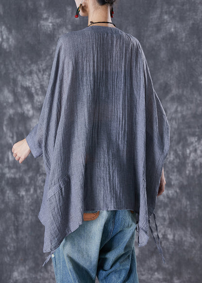 Grey Oversized Linen Blouses Batwing Sleeve