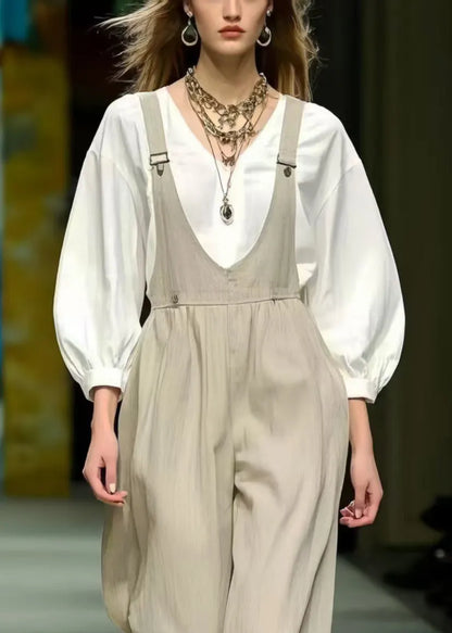 Simple Beige Oversized Cotton Jumpsuit Spring