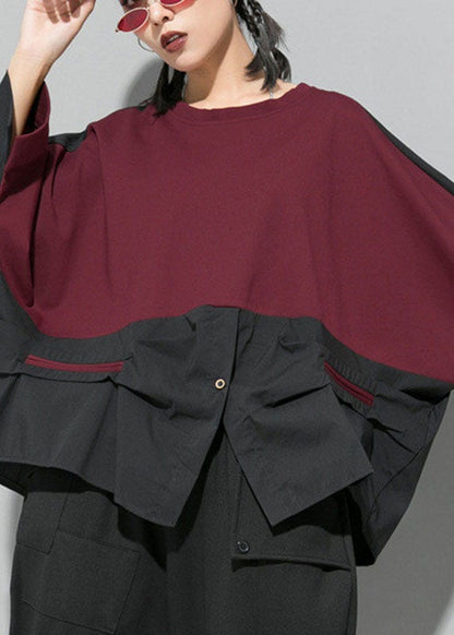 Classy Mulberry O-neck Patchwork Asymmetrical Design Fall Long Sleeve Blouse Top