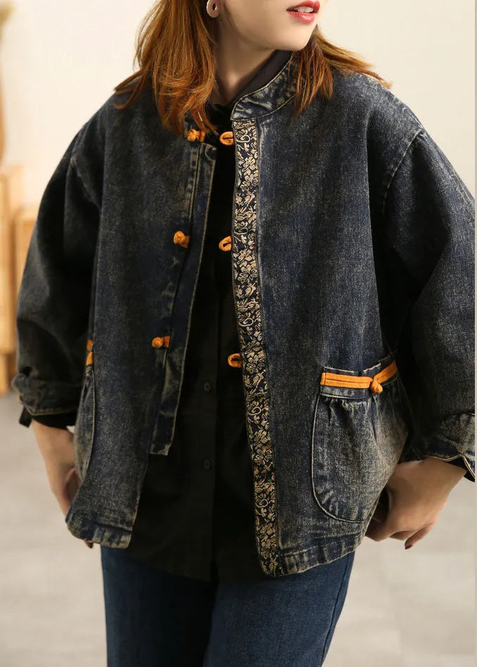 Blue Stand Collar Oriental Button Pockets Patchwork Cotton Denim Coat Outwear Long Sleeve