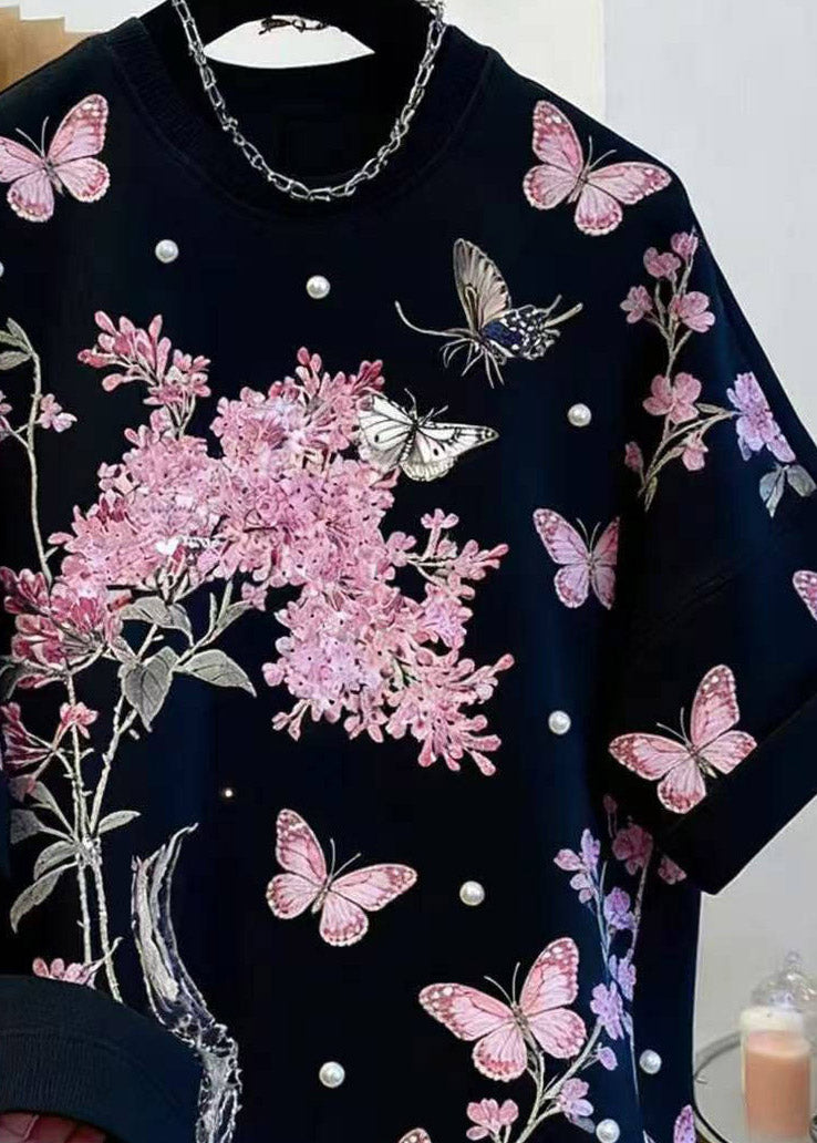 Handmade Black O-neck Print Tops Short Sleeve Summer