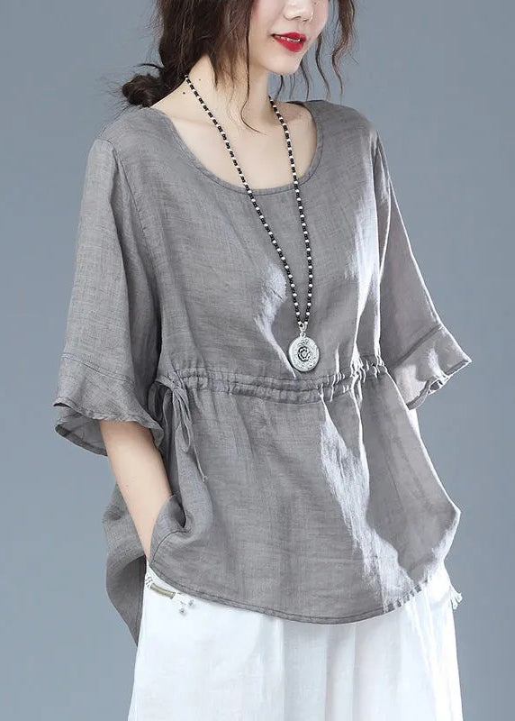 Orange O Neck Drawstring Patchwork Cotton T Shirt Half Sleeve
