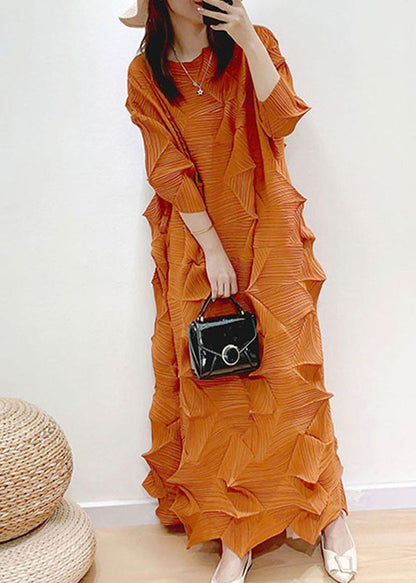 Boutique Orange O-neck Wrinkled Dress Puff Sleeve