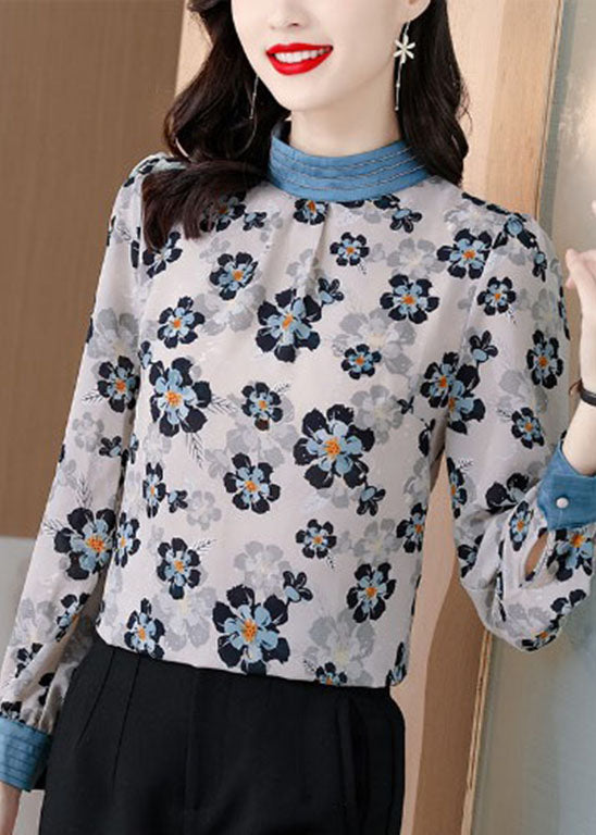 White Stand Collar Print Patchwork Chiffon Blouse Tops Spring