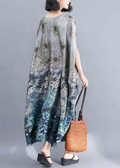 Gray Print Long O Neck Baggy Summer Dress